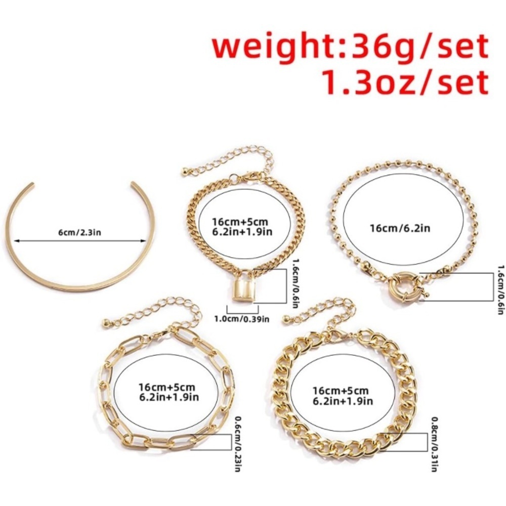 Stackable Gold Alloy Chunky Chain Link Lock Adjustable Bracelets Set of 5. - Picture 5 of 6